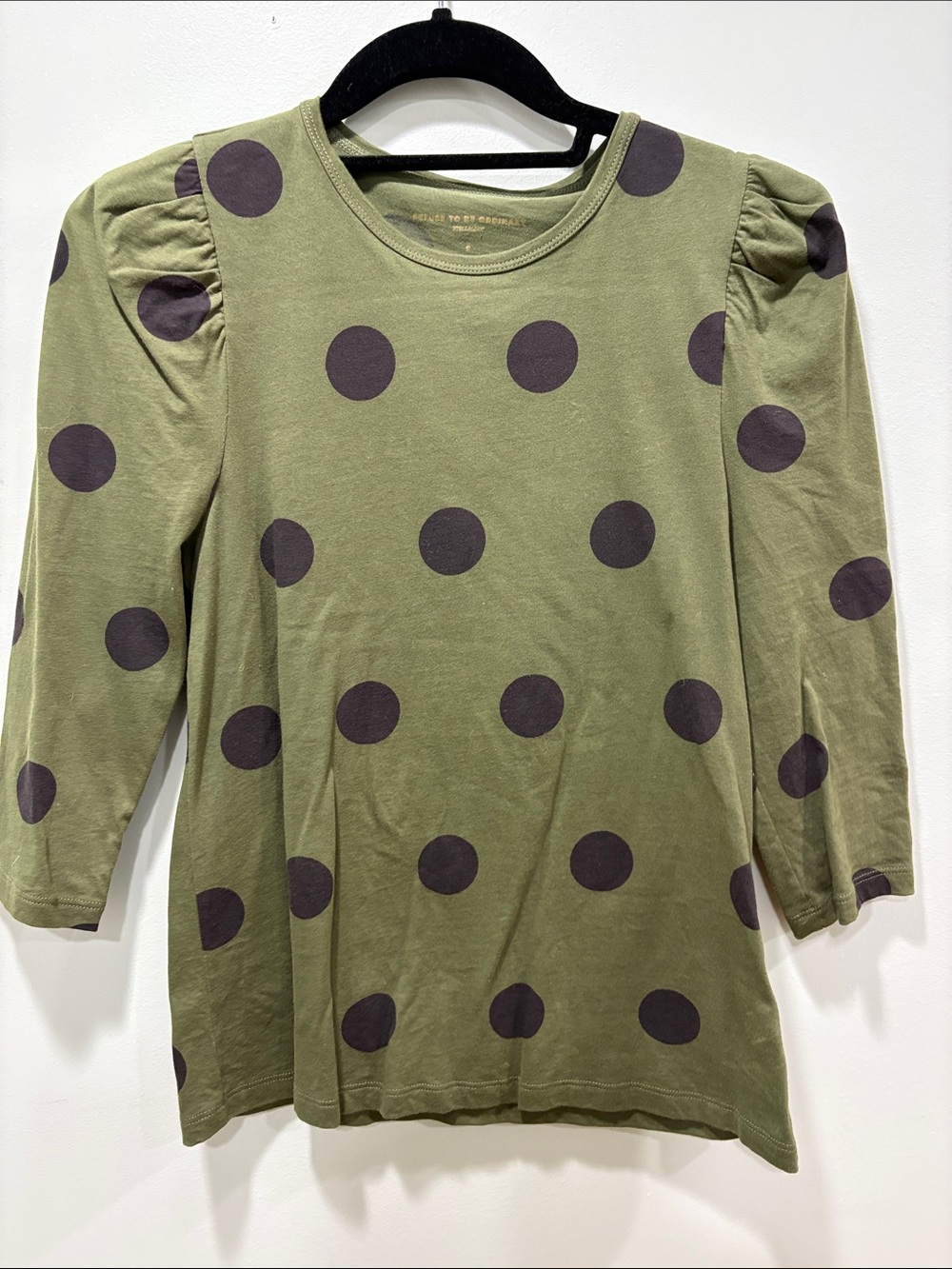 Stella and Dot Olive Green Polka Dot Puff Sleeve Top